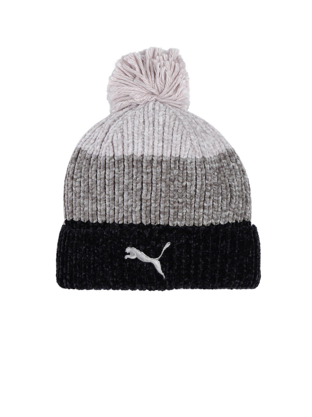

PUMA Women Black & Grey Colourblocked Pom Beanie