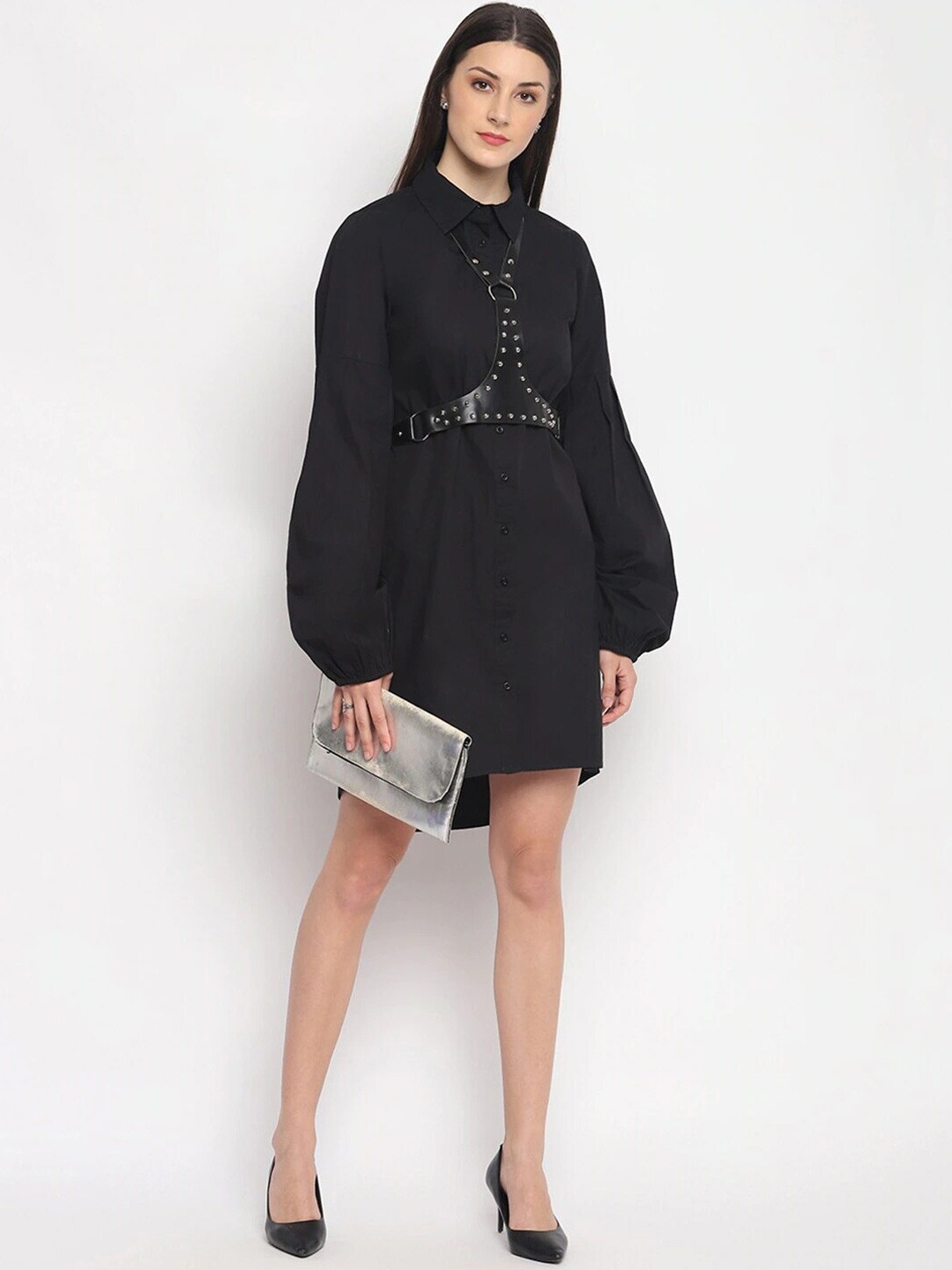 

OTORVA Black High-Low Cotton Shirt Dress with Belt