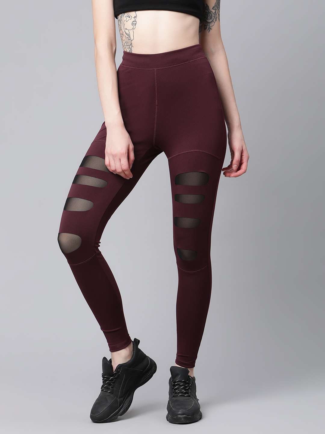 

Blinkin Women Burgundy Solid Mesh Insert Tights, Maroon