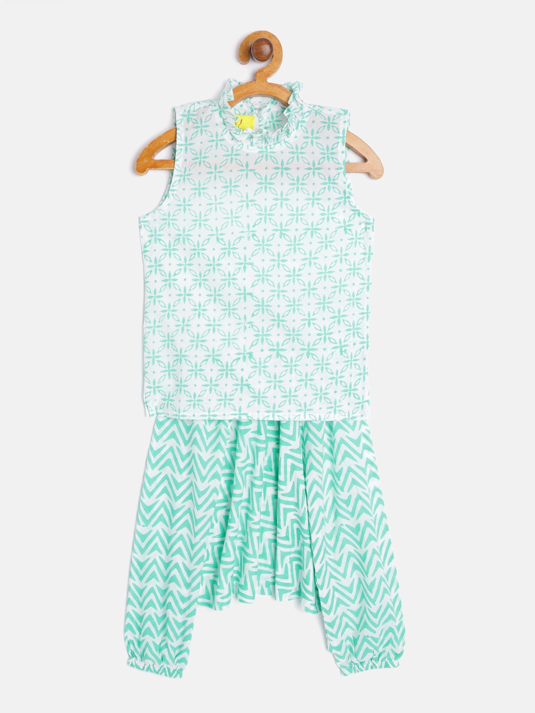 

Tiny Bunnies Girls Green & White Printed Top with Dhoti Pants