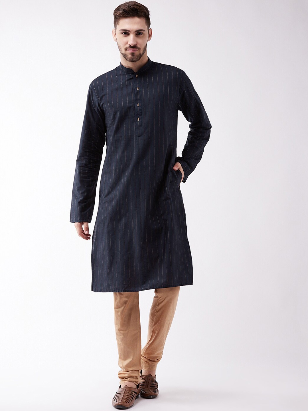 

VASTRAMAY Men Navy Blue Striped Regular Kurta with Churidar