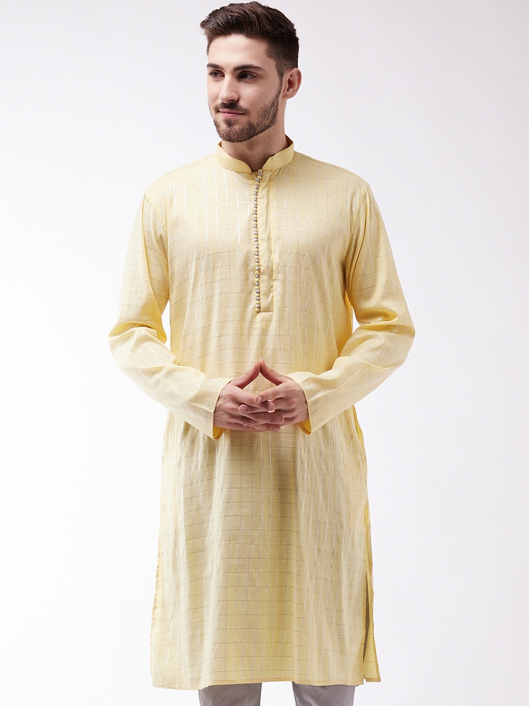 

VASTRAMAY Men Yellow & Silver-Toned Checked Thread Work Kurta