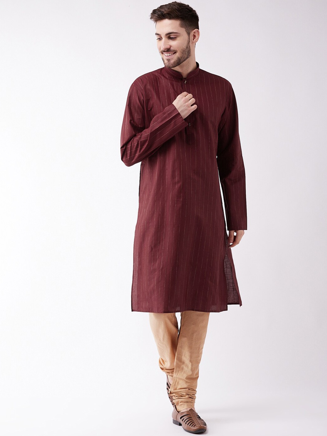 

VASTRAMAY Men Maroon Striped Regular Kurta with Pyjamas