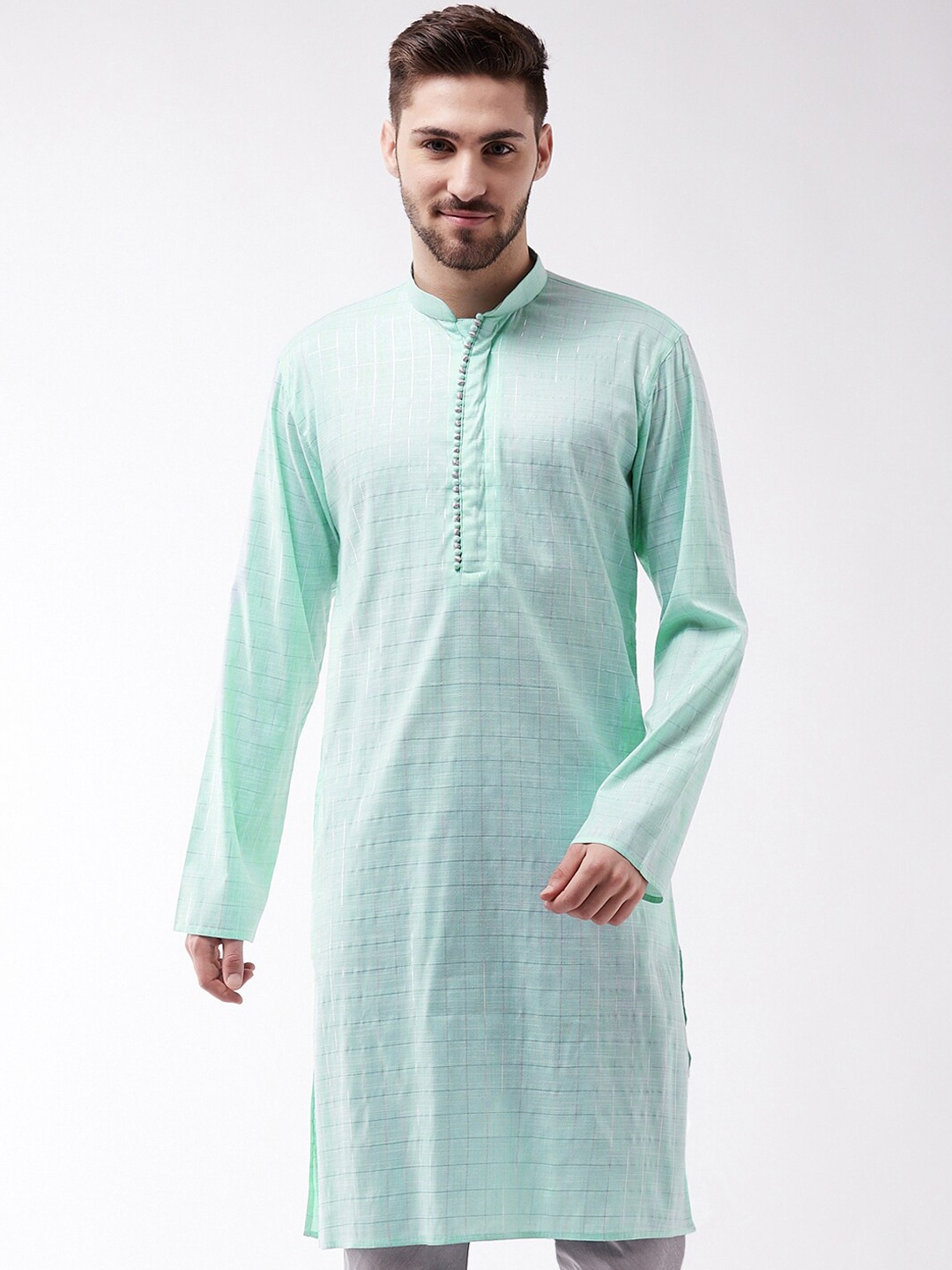 

VASTRAMAY Men Blue & Silver-Toned Checked Thread Work Kurta