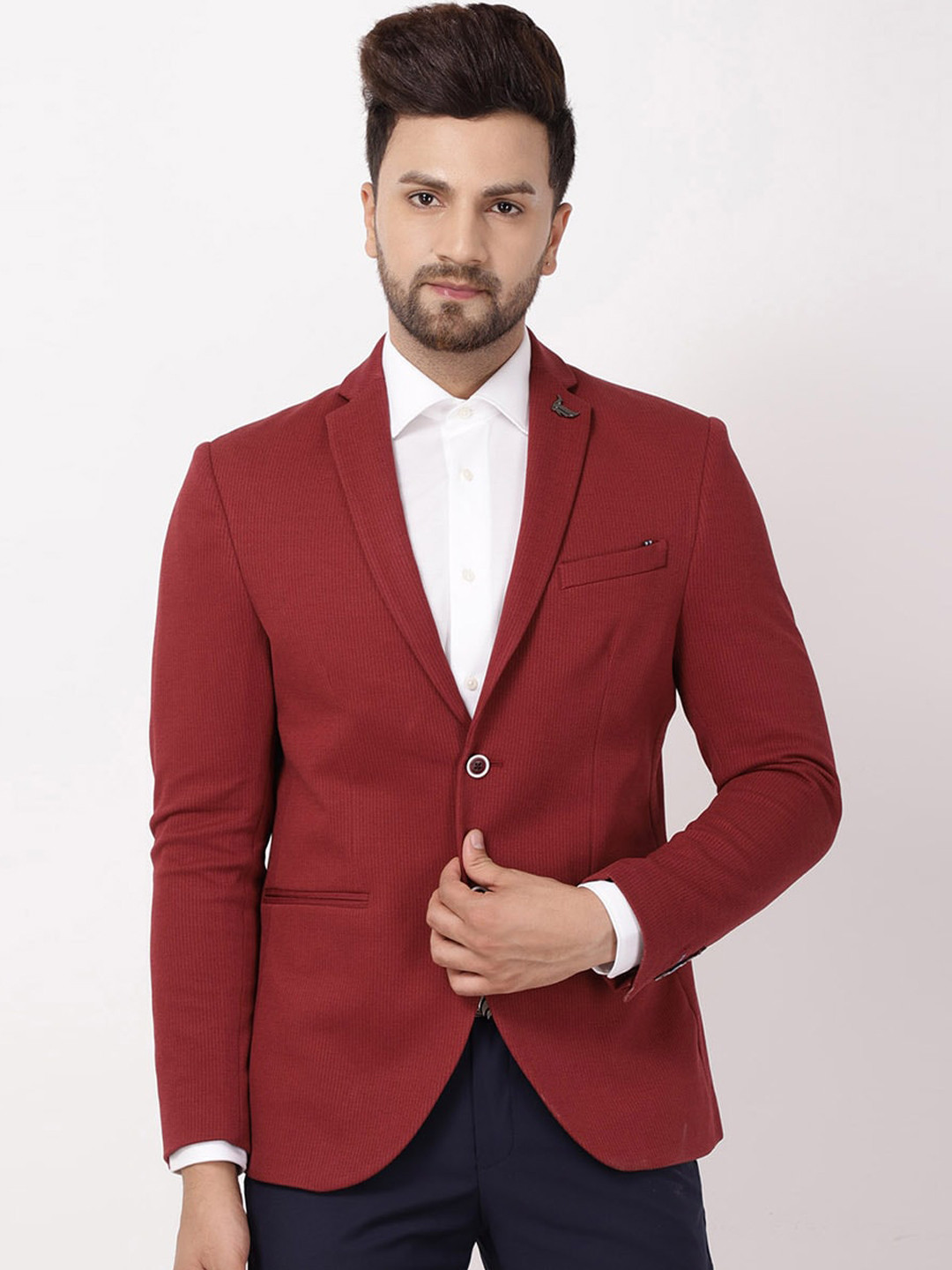 

Blackberrys Men Rust Red Self Design Slim-Fit Single-Breasted Casual Blazer