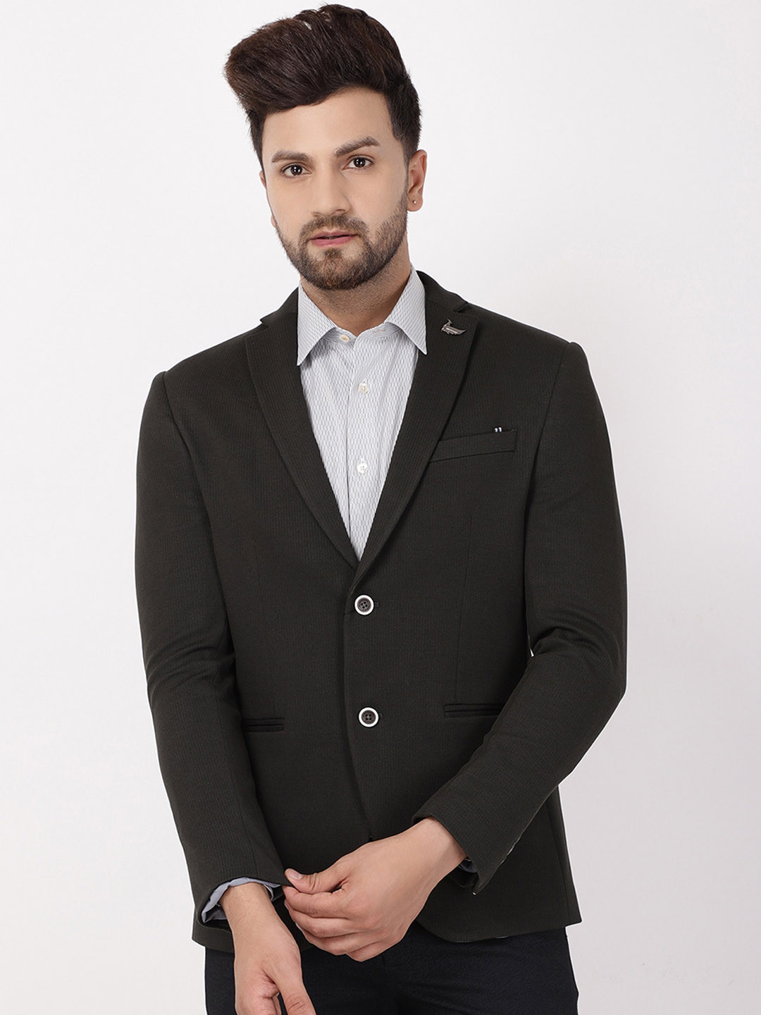 

Blackberrys Men Olive-Green Solid Slim-Fit Single-Breasted Formal Blazer
