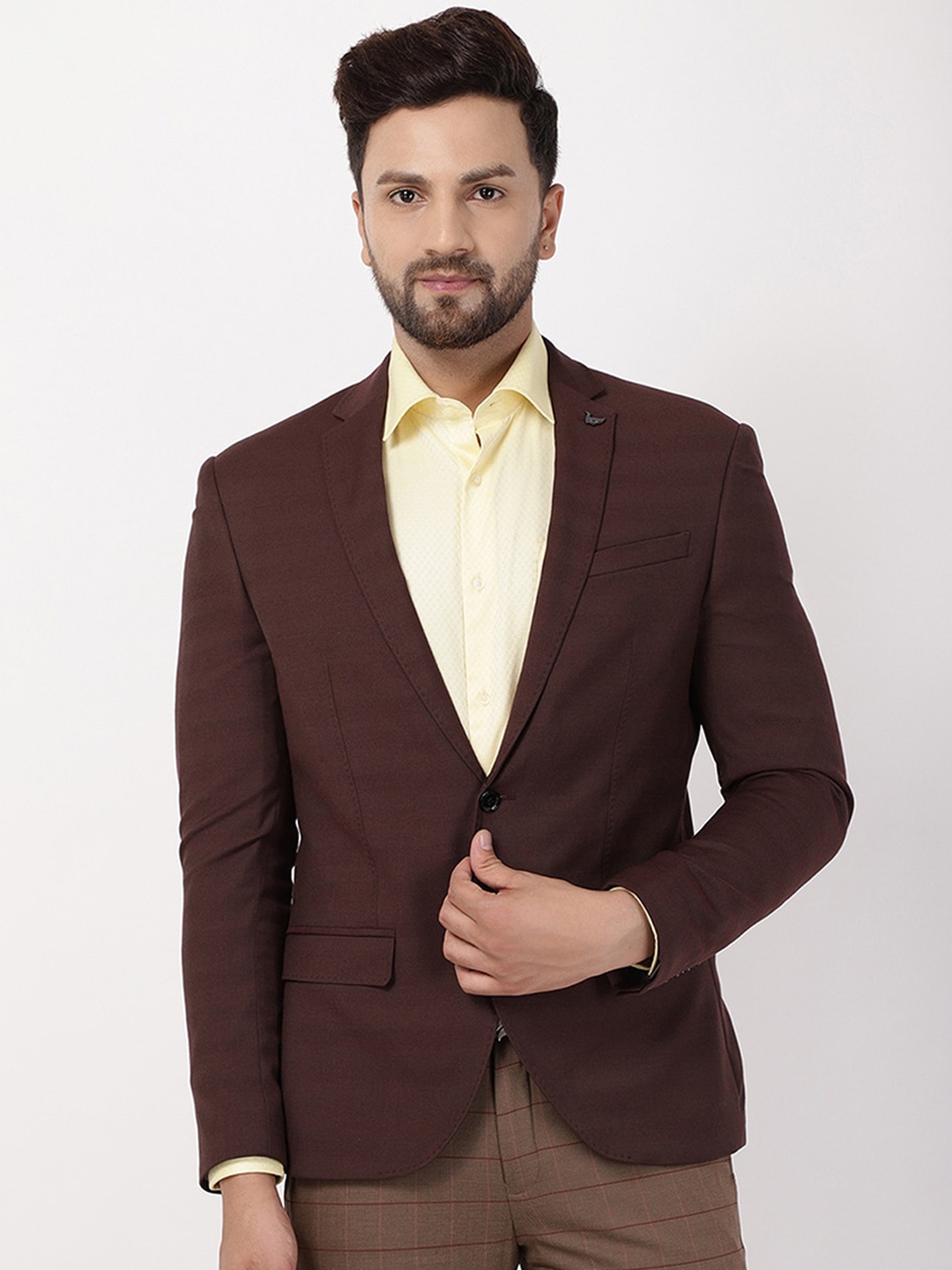 

Blackberrys Men Maroon Striped Super Slim-Fit Single-Breasted Formal Blazer