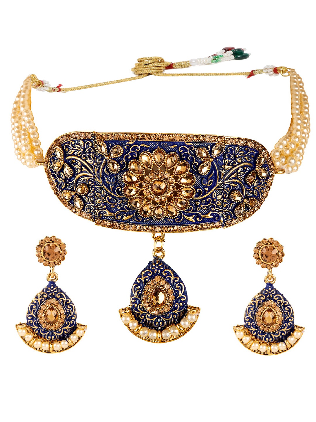 

ANIKAS CREATION Gold Plated Blue Enamelled Stone Studded & Pearl Beaded Jewellery Set