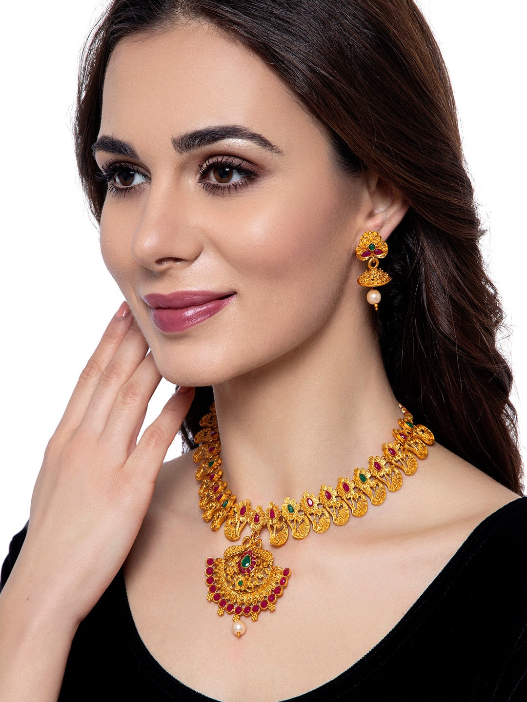

ANIKAS CREATION Gold-Plated Pink & Green Stone-Studded & Beaded Jewellery Set