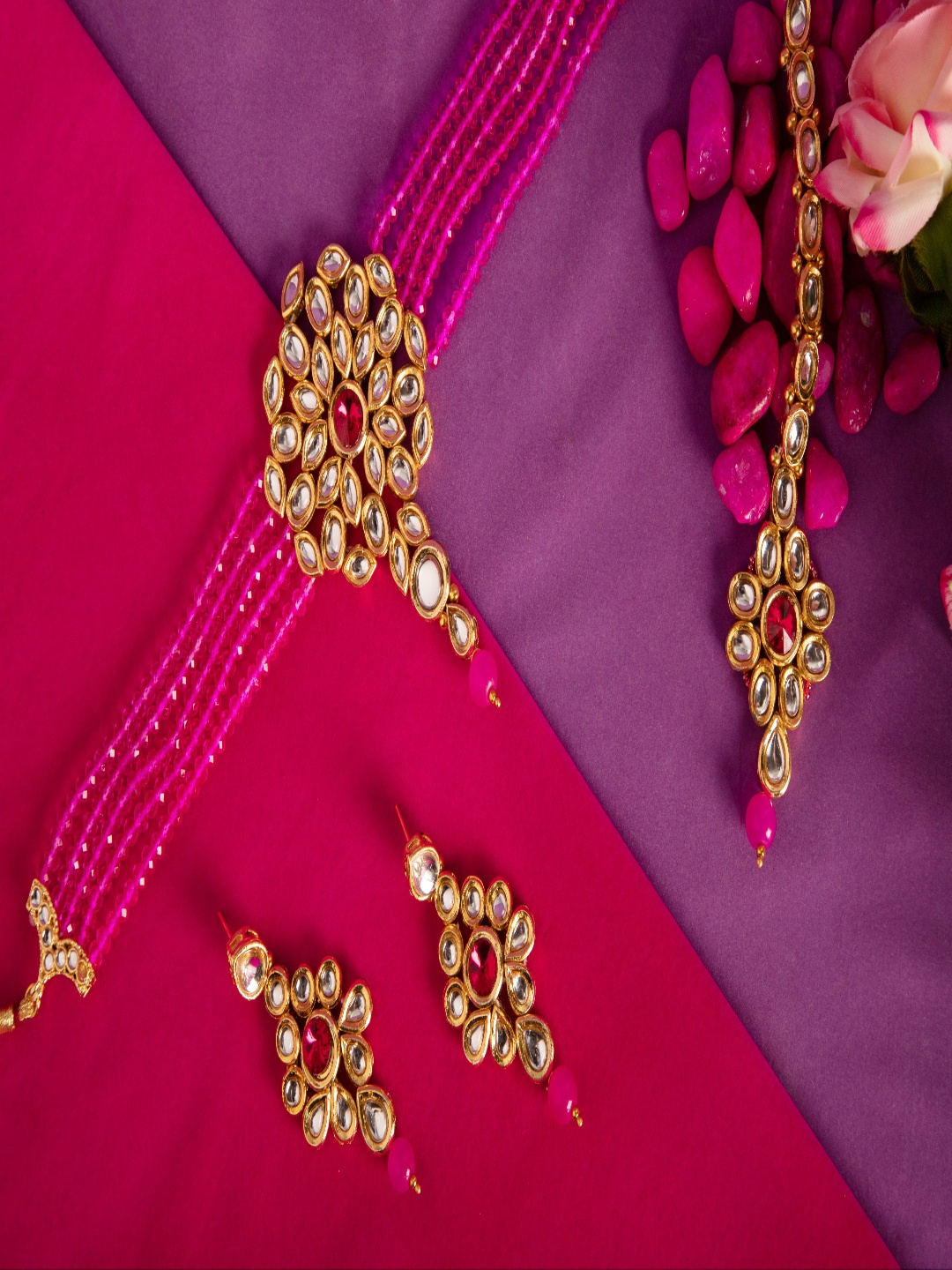 

ANIKAS CREATION Gold Plated Pink Stone Studded & Beaded Jewellery Set