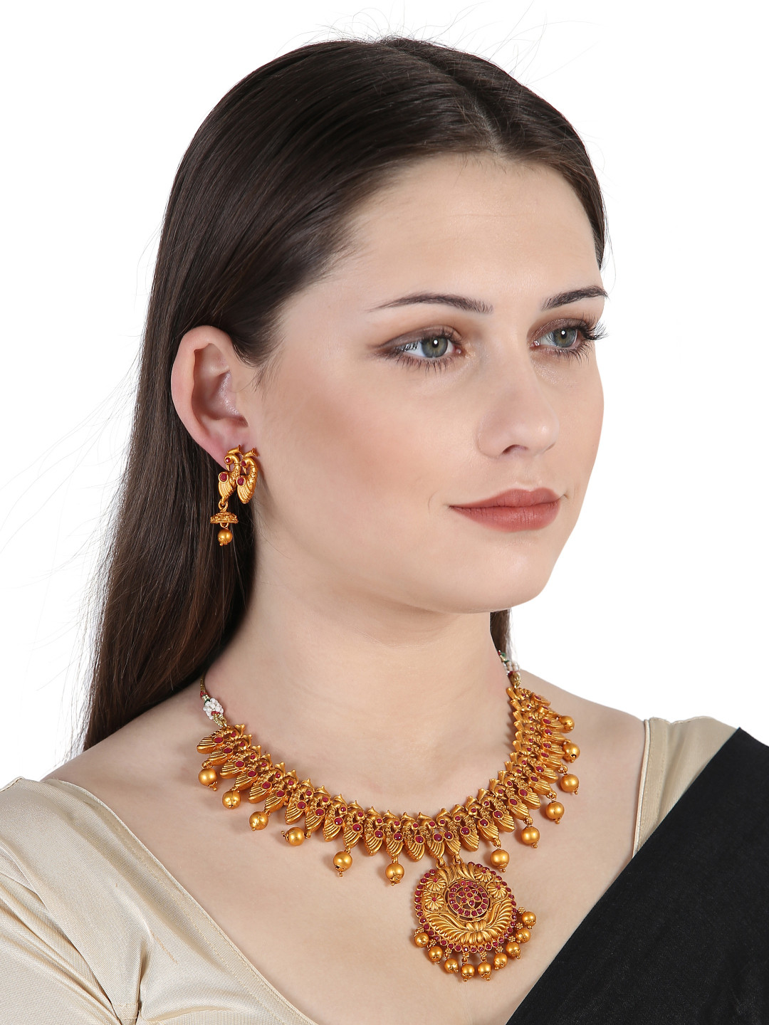 

ANIKAS CREATION Gold-Plated Pink Stone-Studded & Beaded Jewellery Set