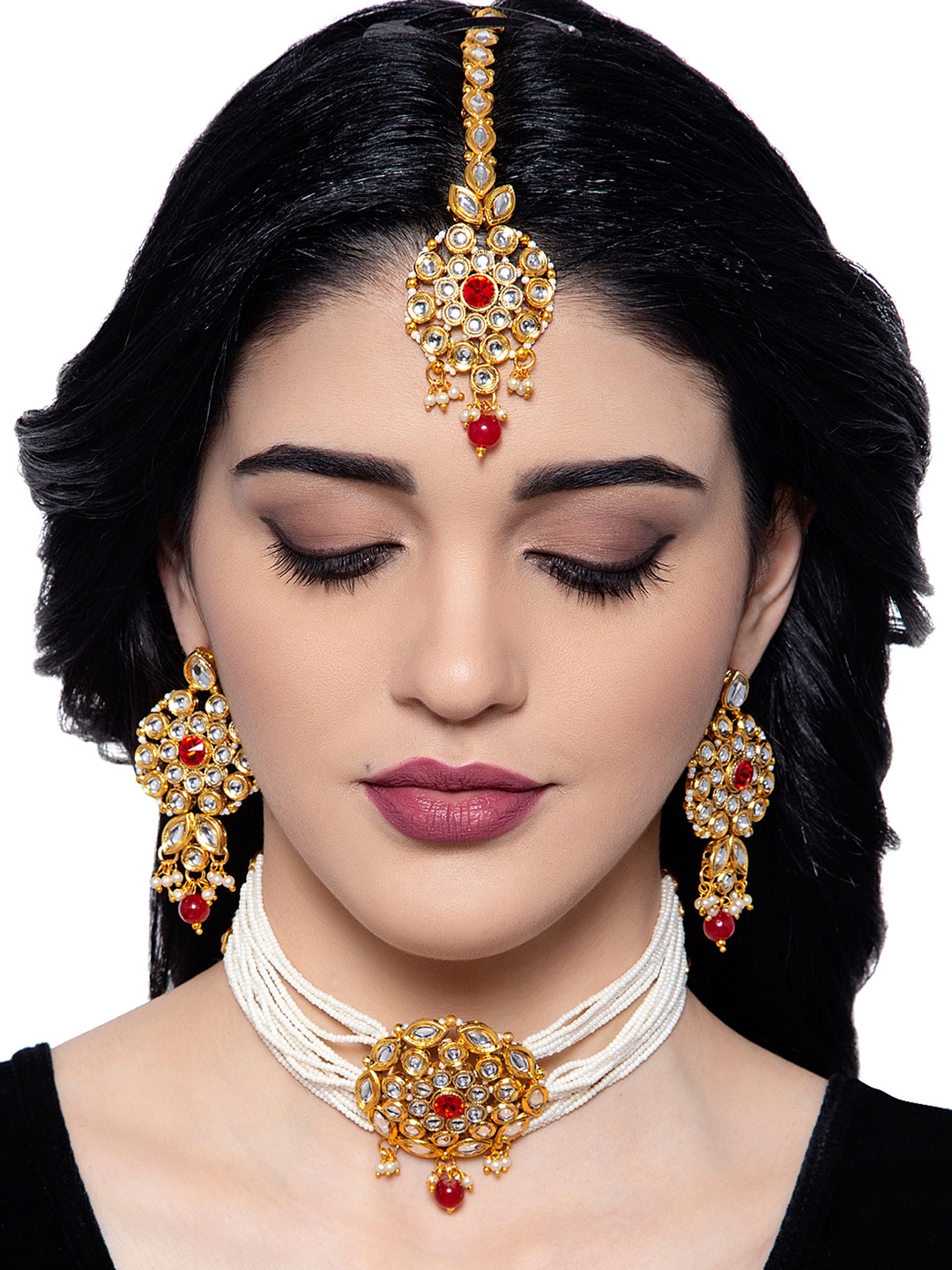 

ANIKAS CREATION White & Red Kundan Gold-Plated Floral Jewellery Set