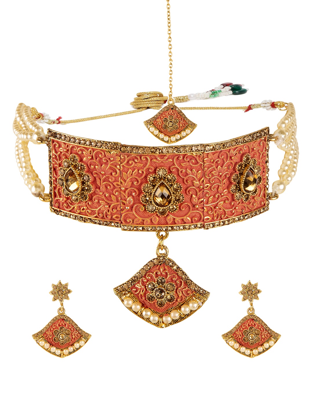 

ANIKAS CREATION Women Red & Gold-Plated Enamelled Necklace & Earrings With Maang Tikka