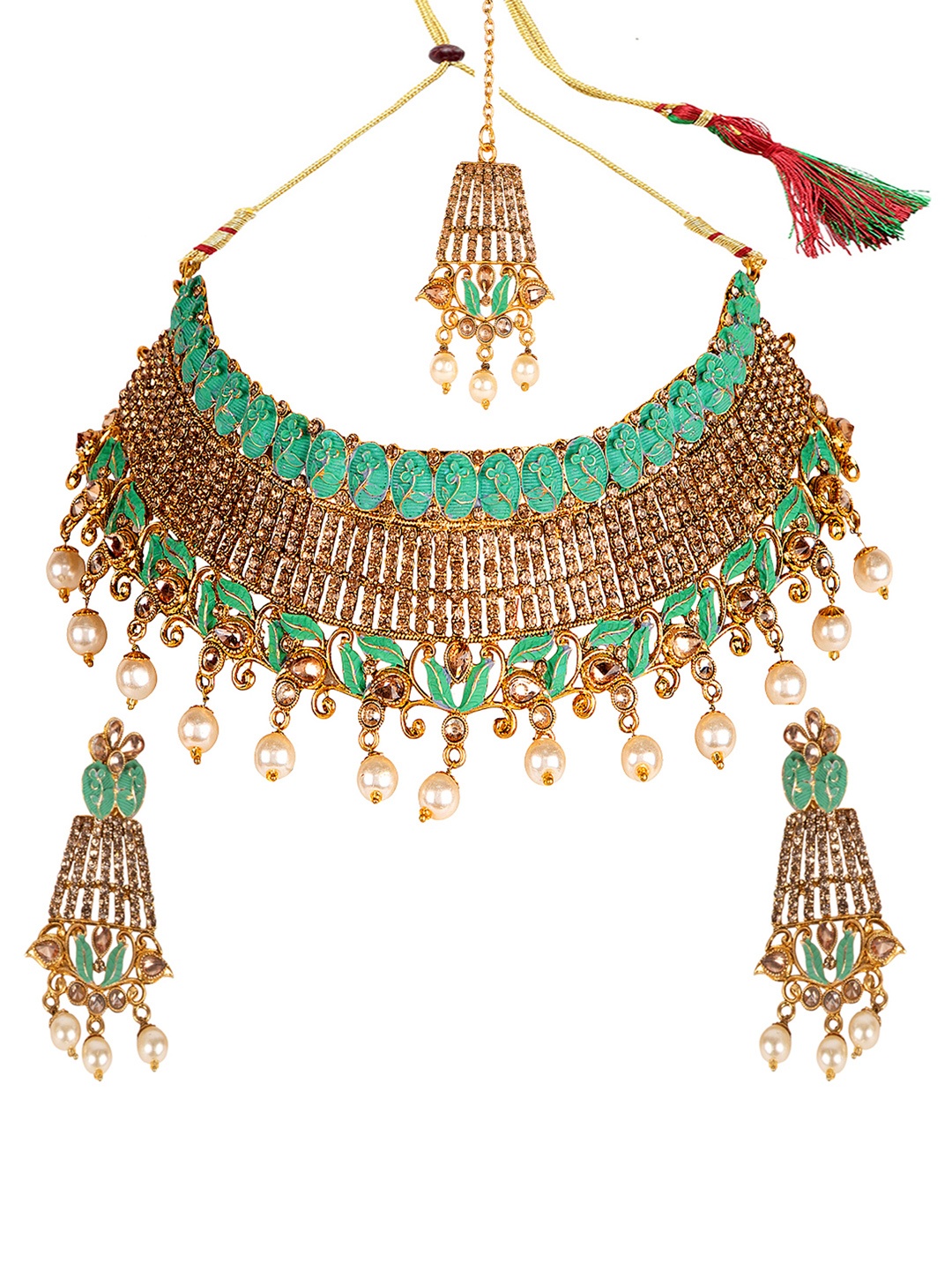 

ANIKAS CREATION Women Gold-Plated & Green Stone-Studded & Beaded Enamelled Jewellery Set