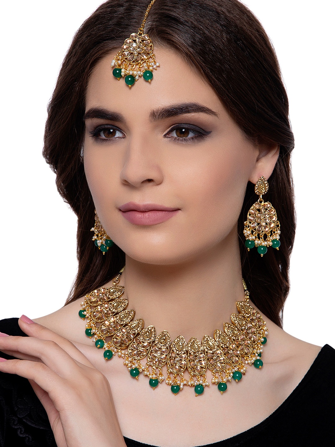 

ANIKAS CREATION Gold-Plated Green & White Stone-Studded & Beaded Jewellery Set