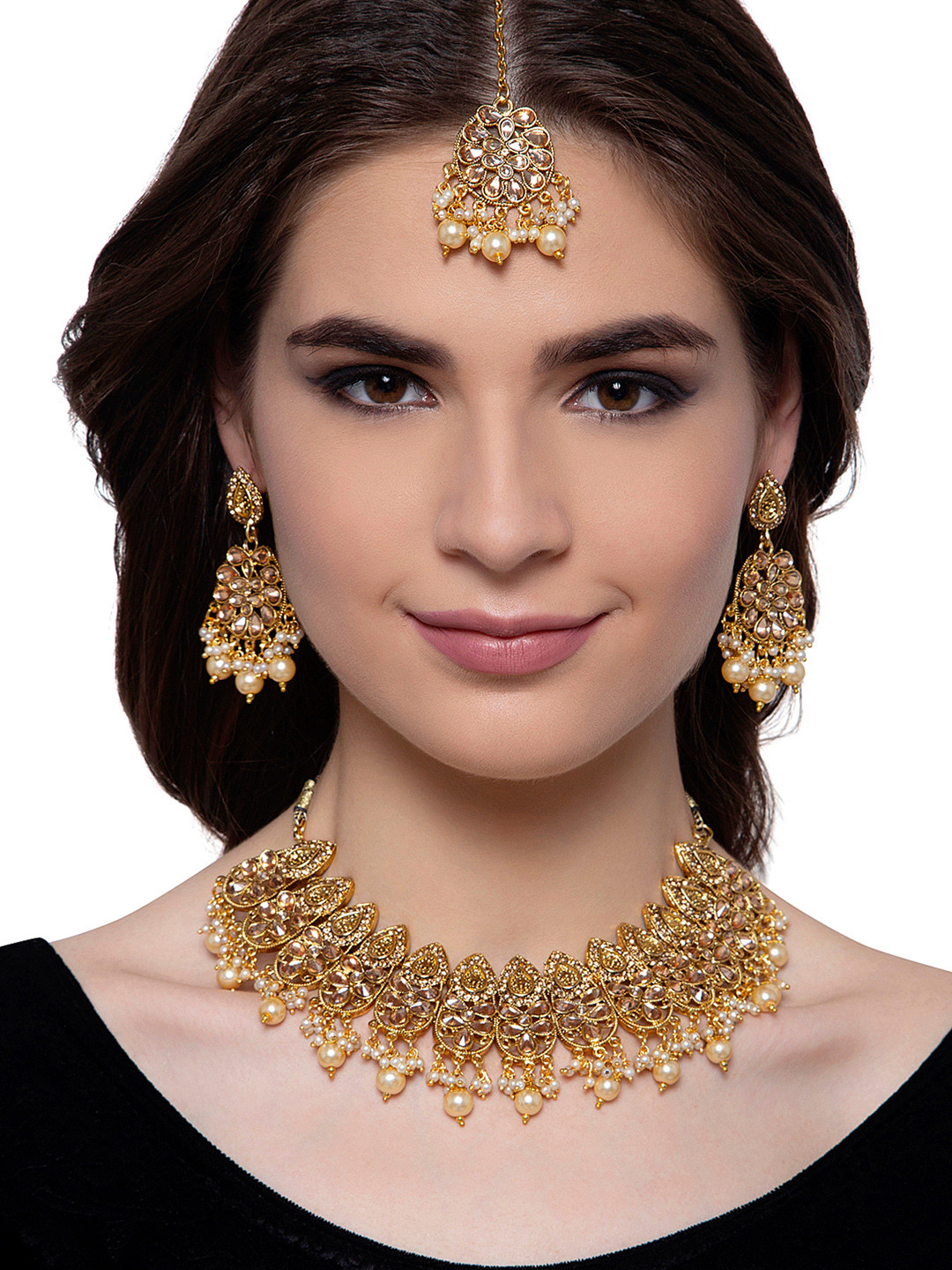 

ANIKAS CREATION Gold-Plated Cream-Toned & White Stone-Studded & Beaded Jewellery Set
