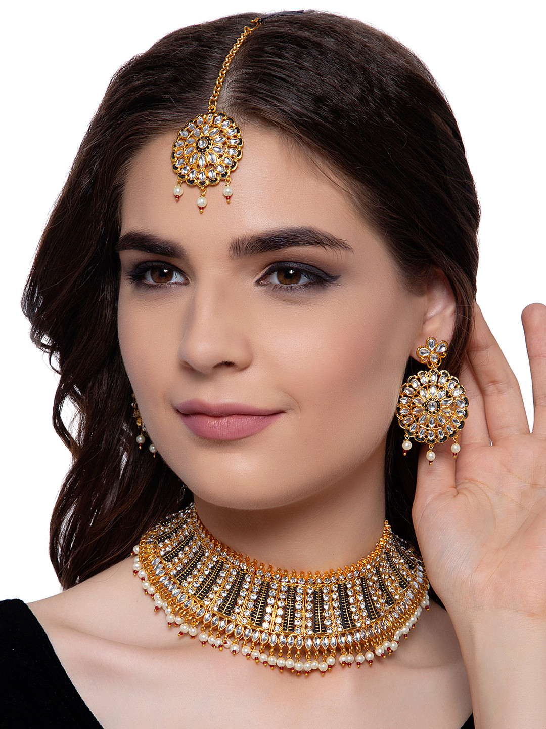 

ANIKAS CREATION Gold-Plated White & Black Stone-Studded & Beaded Enamelled Traditional Jewellery Set