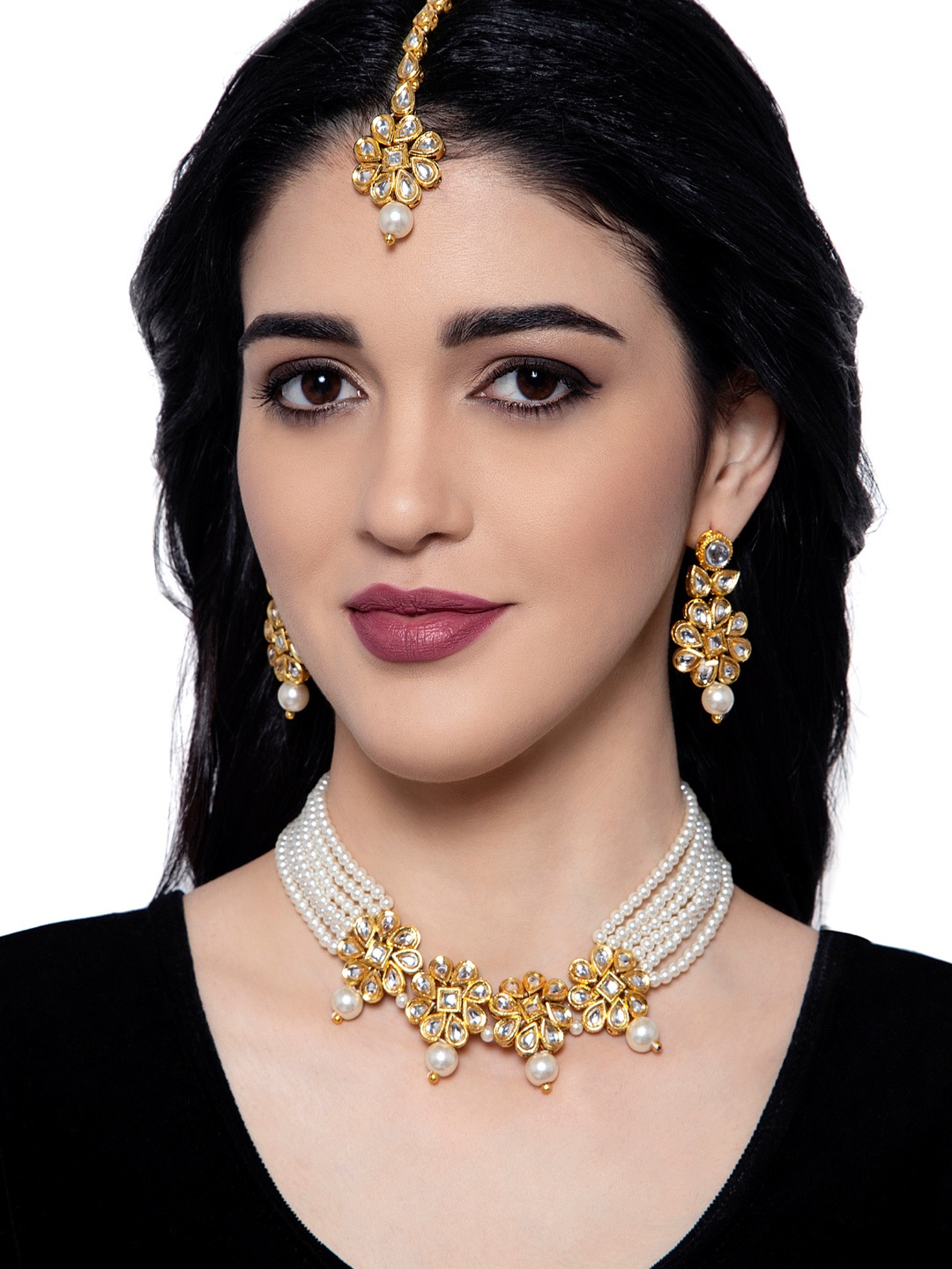 

ANIKAS CREATION Gold-Plated White Stone-Studded & Beaded Traditional Jewellery Set