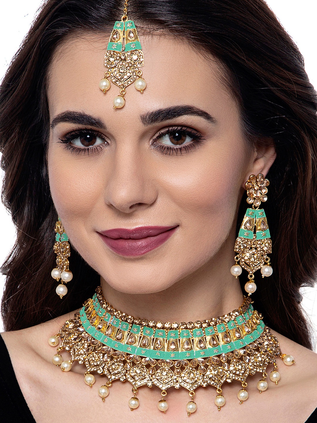 

ANIKAS CREATION Gold-Plated Green & White Stone-Studded & Beaded Enamelled Jewellery Set