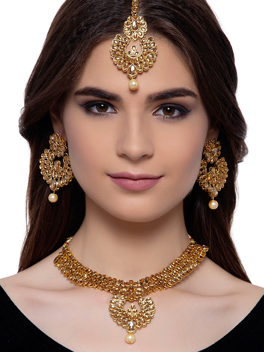 

ANIKAS CREATION Women Gold-Plated Necklace With Earrings Maangtika Ethnic Jewellery Set