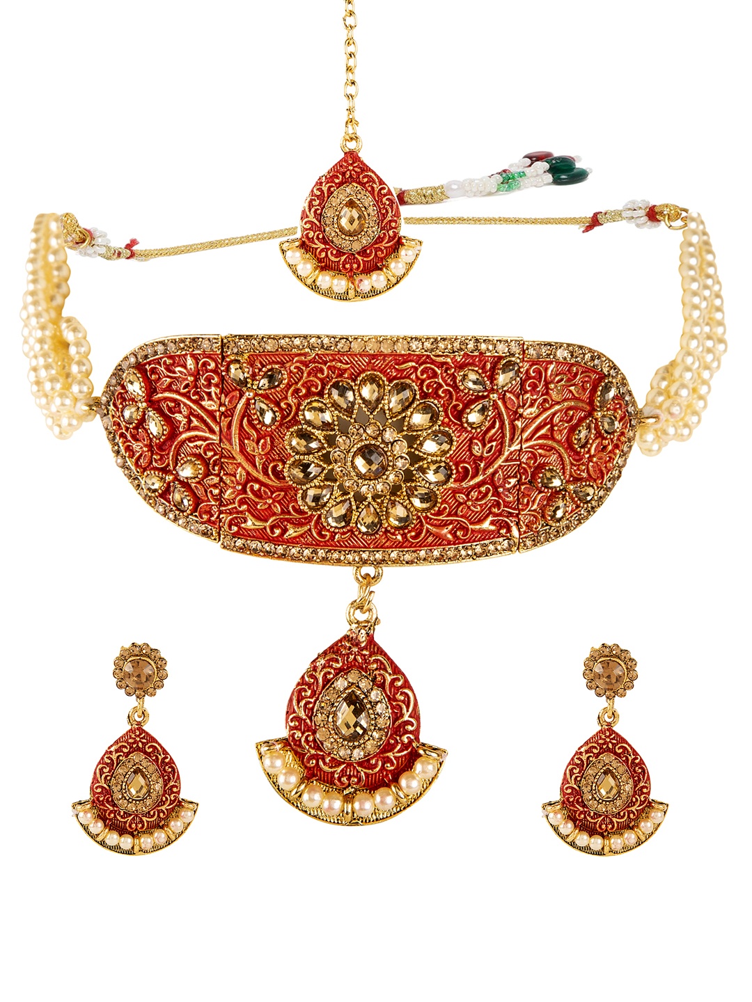 

ANIKAS CREATION Gold Plated Red Choker Necklace with Earrings And Maangtika