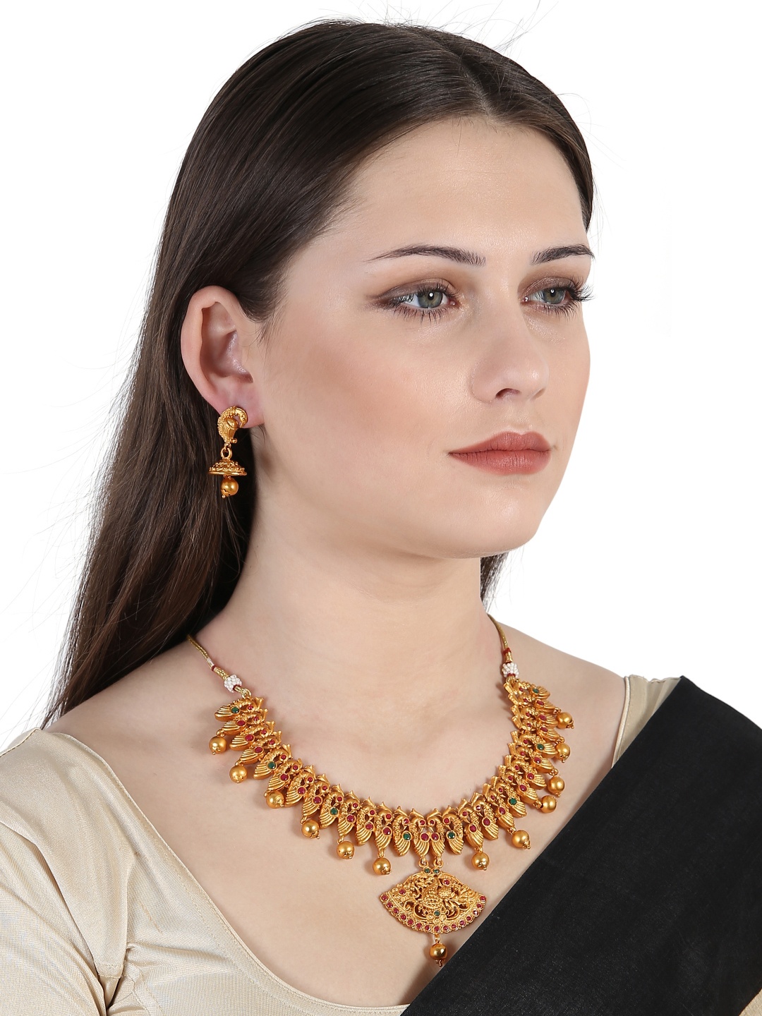 

ANIKAS CREATION Gold-Plated Green& Pink Stone-Studded & Beaded Jewellery Set