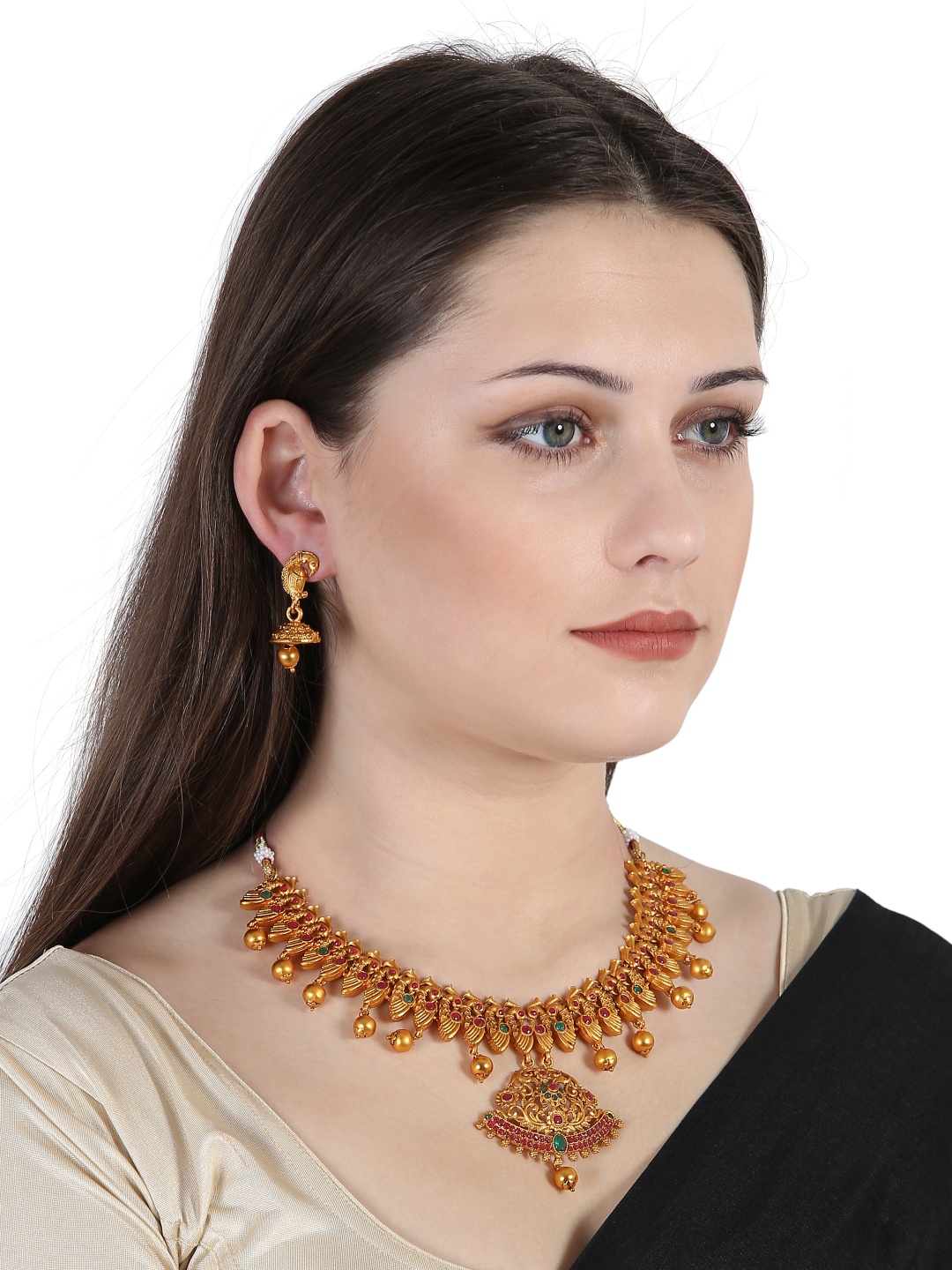 

ANIKAS CREATION Gold-Plated Pink & Green Stone-Studded & Beaded Traditional Jewellery Set