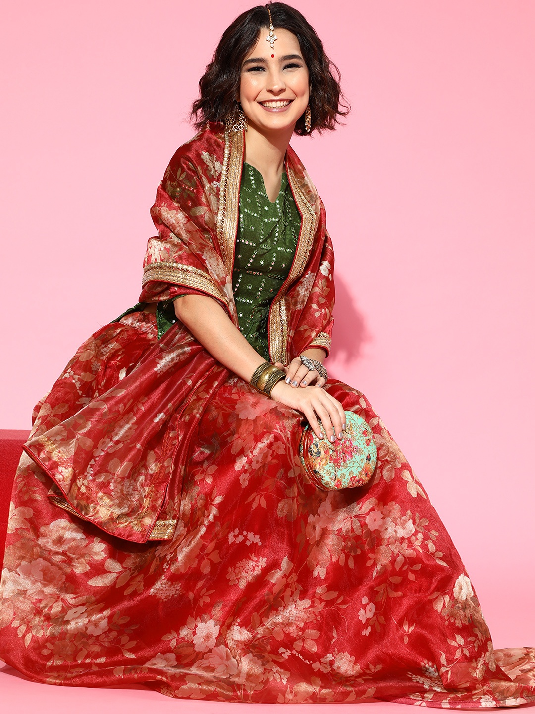 

Tikhi Imli Gorgeous Red Embellished Ready to Wear Lehenga Choli with Dupatta