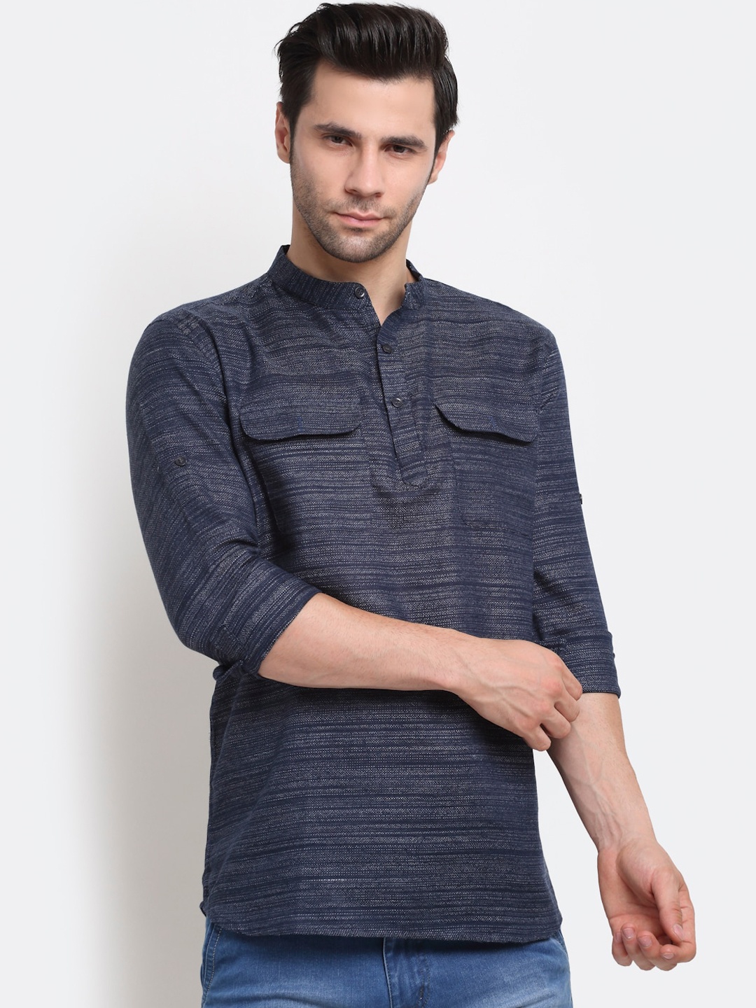 

NEUDIS Men Navy Blue Striped Thread Work Kurta