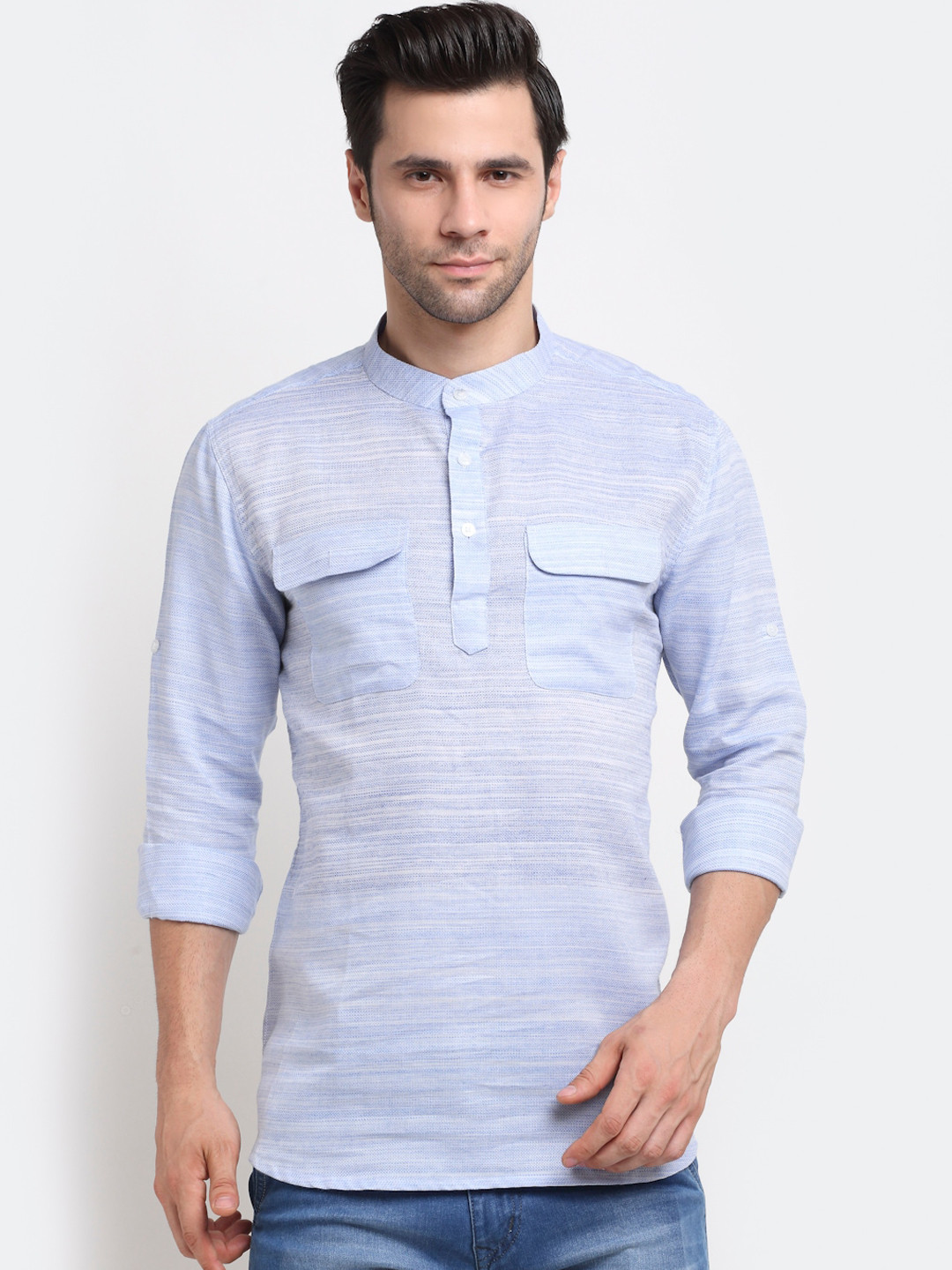 

NEUDIS Men Blue Striped Thread Work Kurta