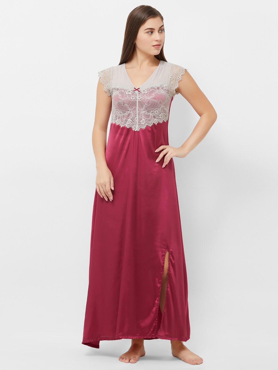 

Soie Women Red Breathtaking Lace And Satin Maxi Nightdress