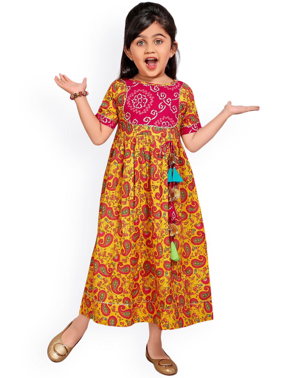 

LIL PITAARA Girls Yellow & Red Ethnic Motifs Printed Cotton Maxi Dress