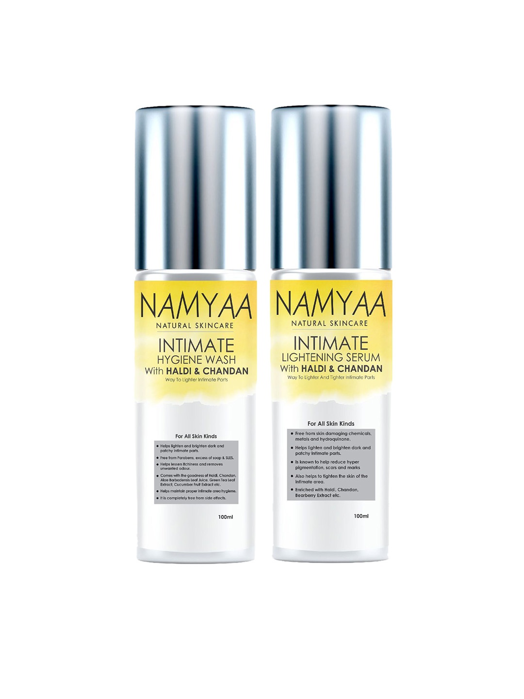 

Namyaa Pack of Haldi Chandan Intimate Whitening Serum and Wash 100 ml each, Yellow