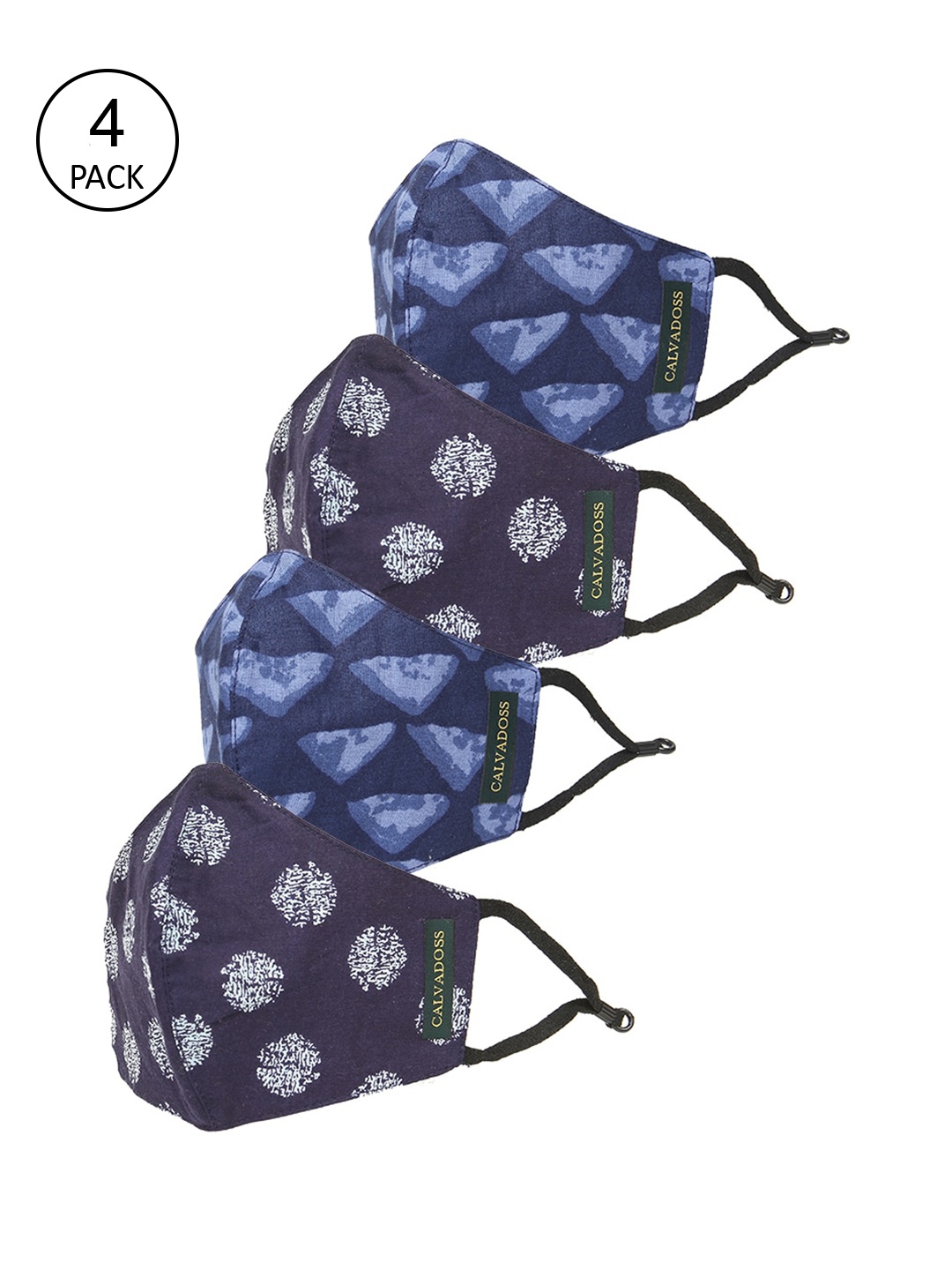 

Calvadoss Men Pack Of 4 Printed 3-Ply Cotton Reusable Cloth Masks, Navy blue