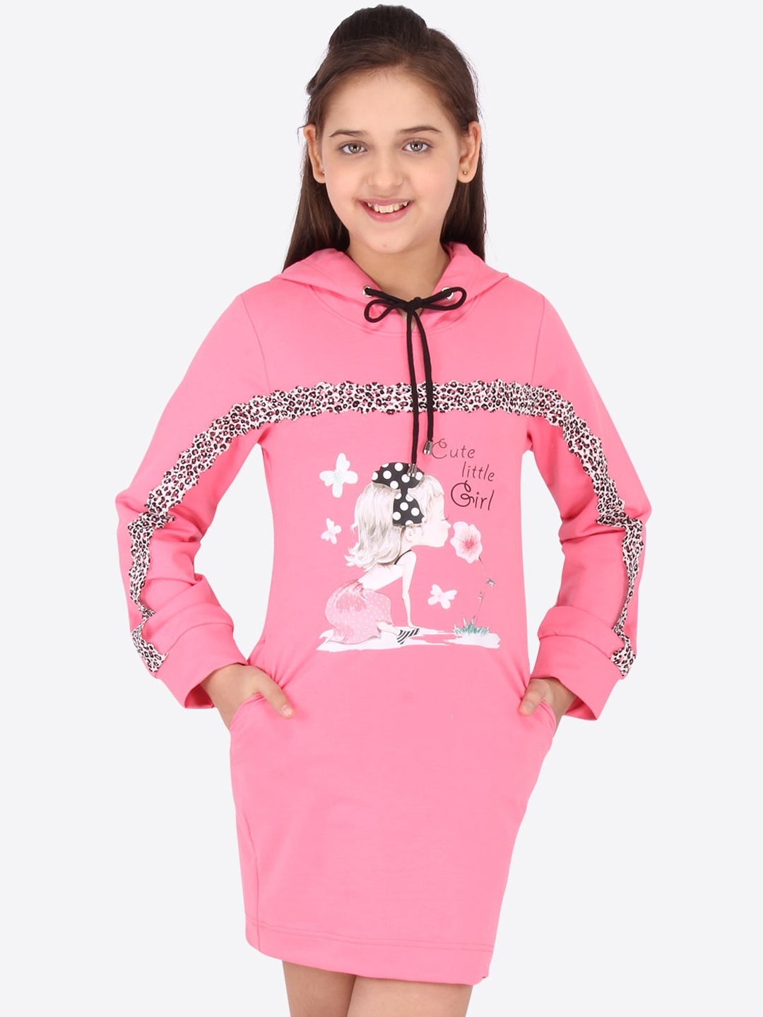 

CUTECUMBER Girls Pink Graphic Printed Hooded T-shirt Dress