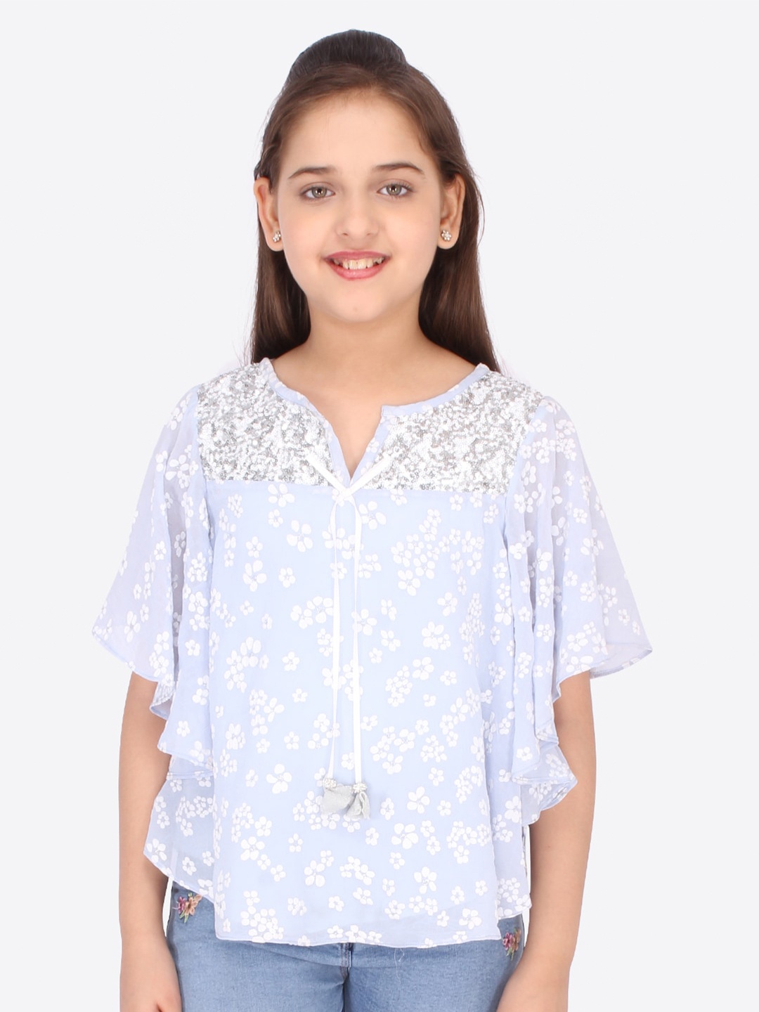 

CUTECUMBER Blue & magnolia Floral Georgette Kaftan Top