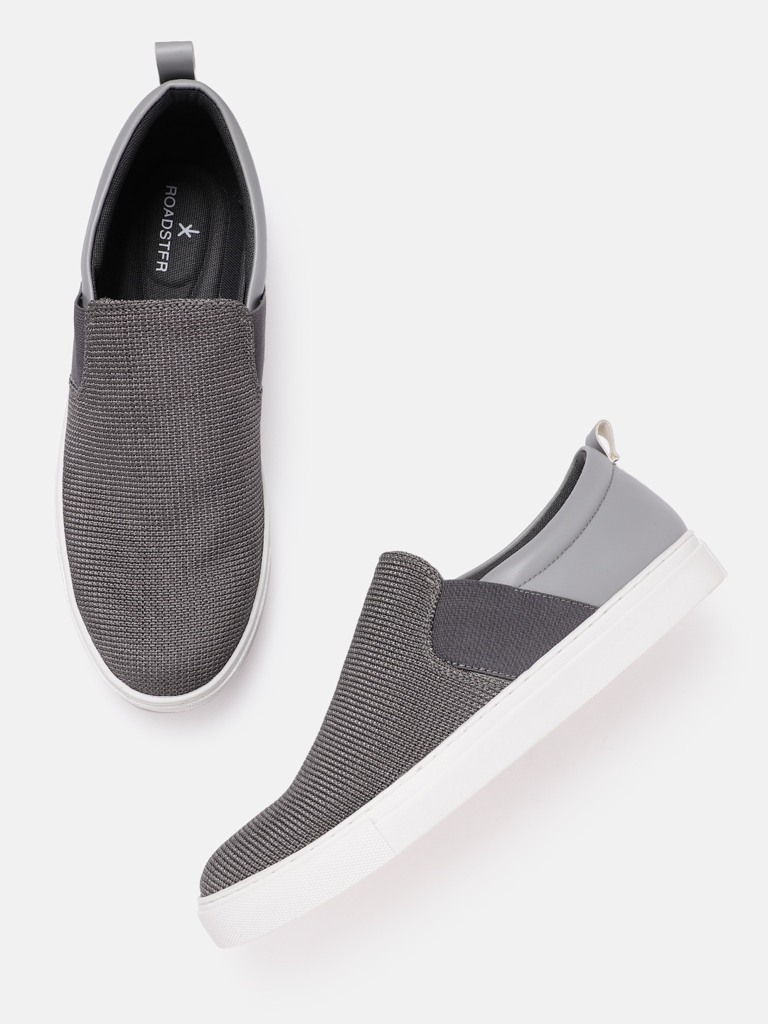

Roadster Men Charcoal Grey Woven Design Slip-On Sneakers
