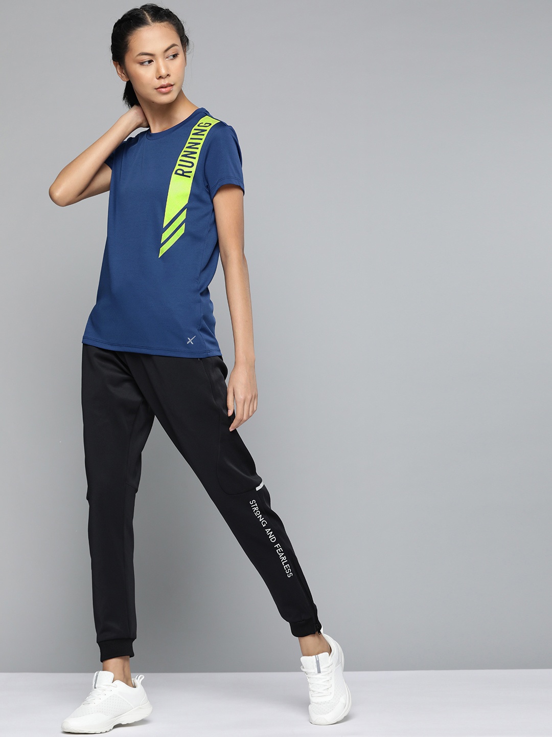 

HRX By Hrithik Roshan Running Women Neon Lime & Navy Blue Rapid-Dry Solid Tshirts