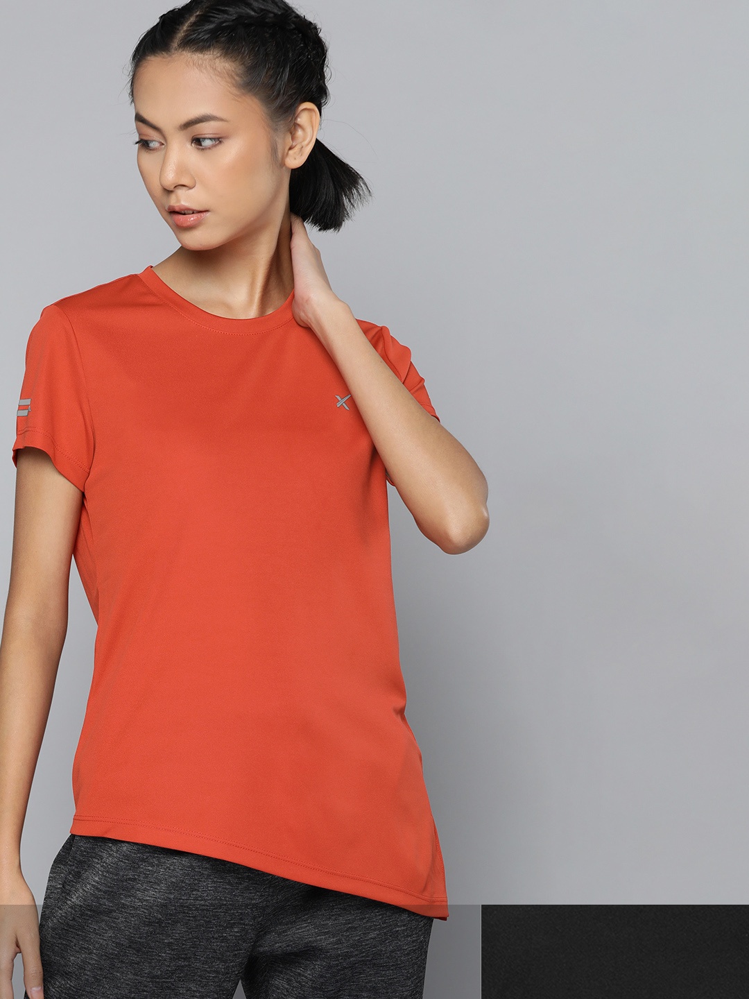 

HRX By Hrithik Roshan Running Women Jet Black & Artisanal Red Rapid-Dry Solid Tshirts