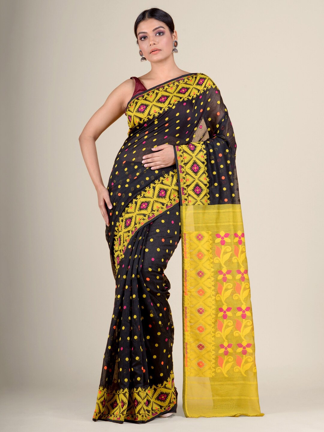 

Charukriti Black & Yellow Jamdani Saree