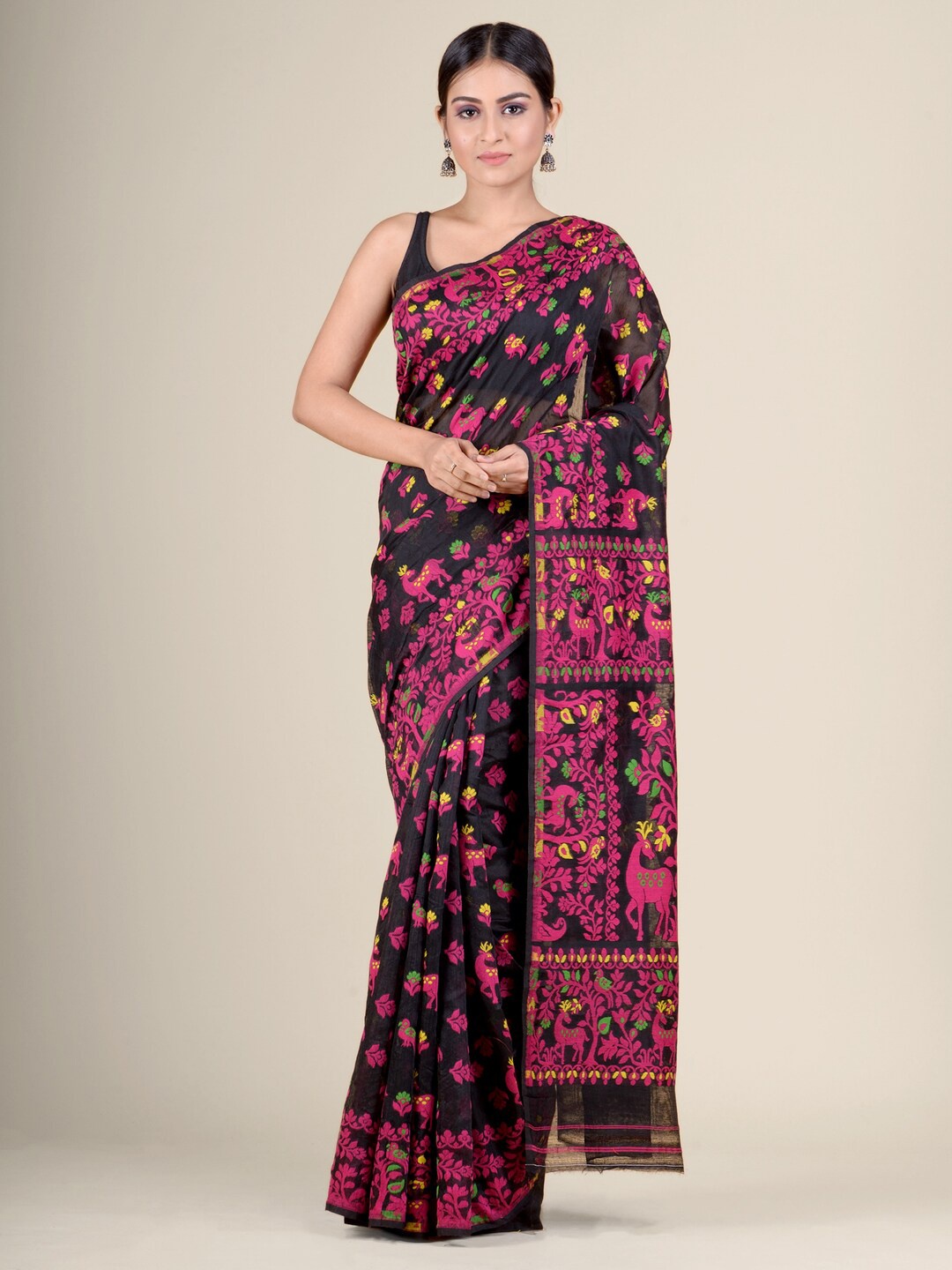 

Charukriti Black & Fuchsia Floral Jamdani Saree