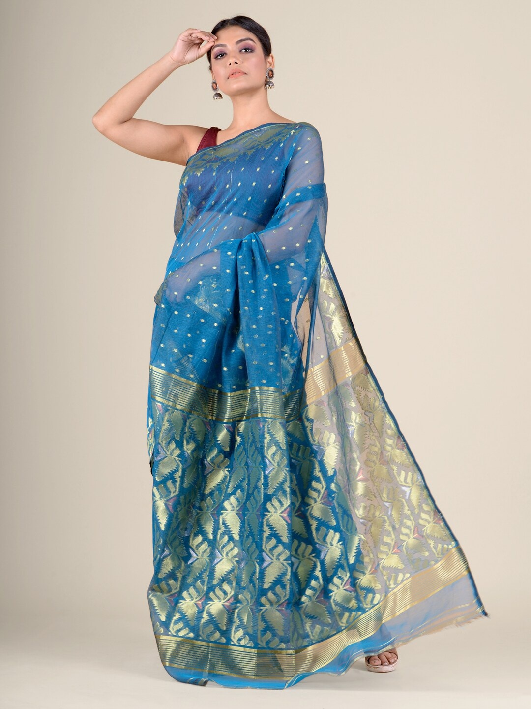 

Charukriti Blue & Gold-Toned Woven Design Jamdani Saree