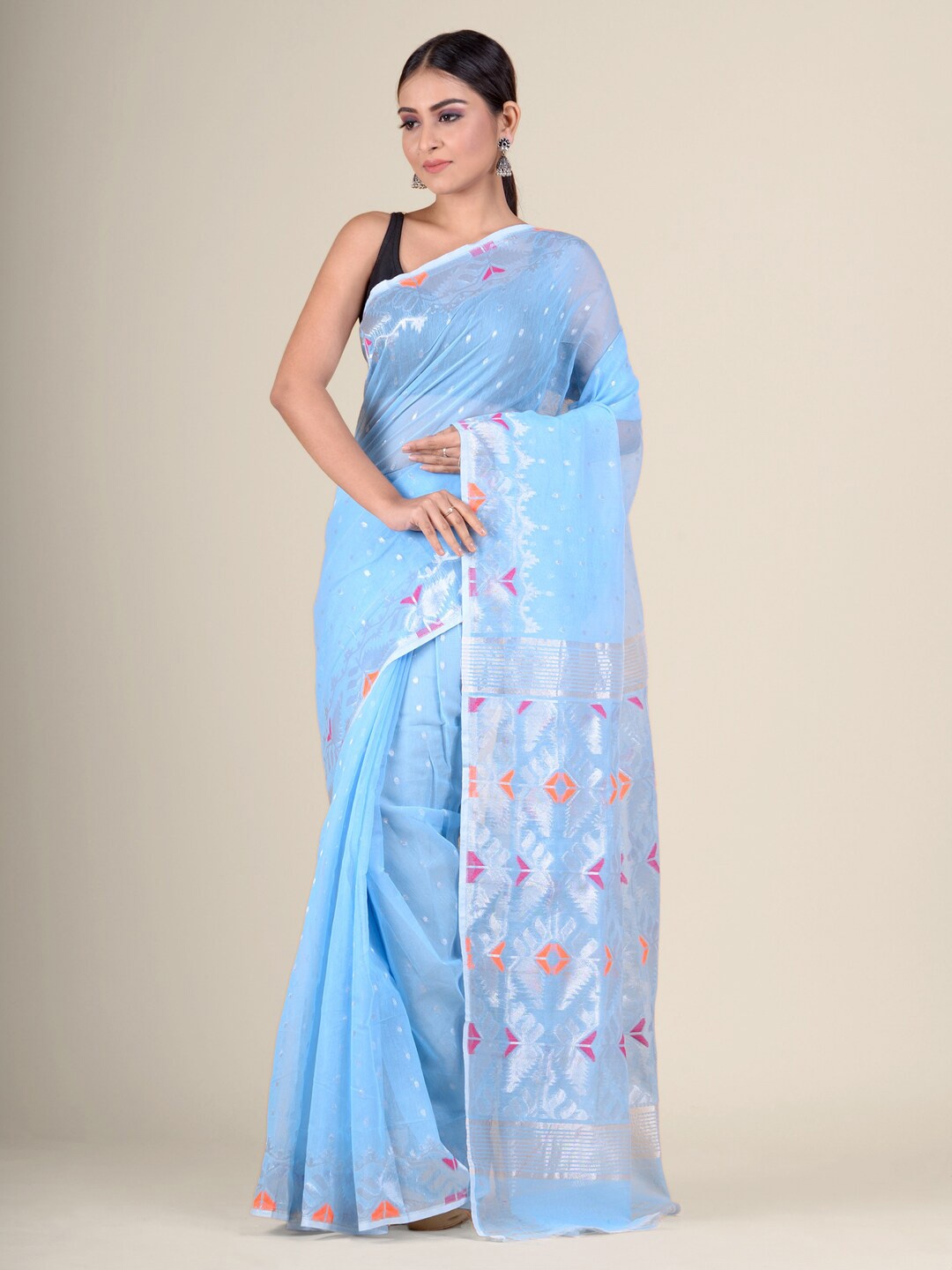 

Charukriti Blue & Silver-Toned Woven Design Jamdani Saree