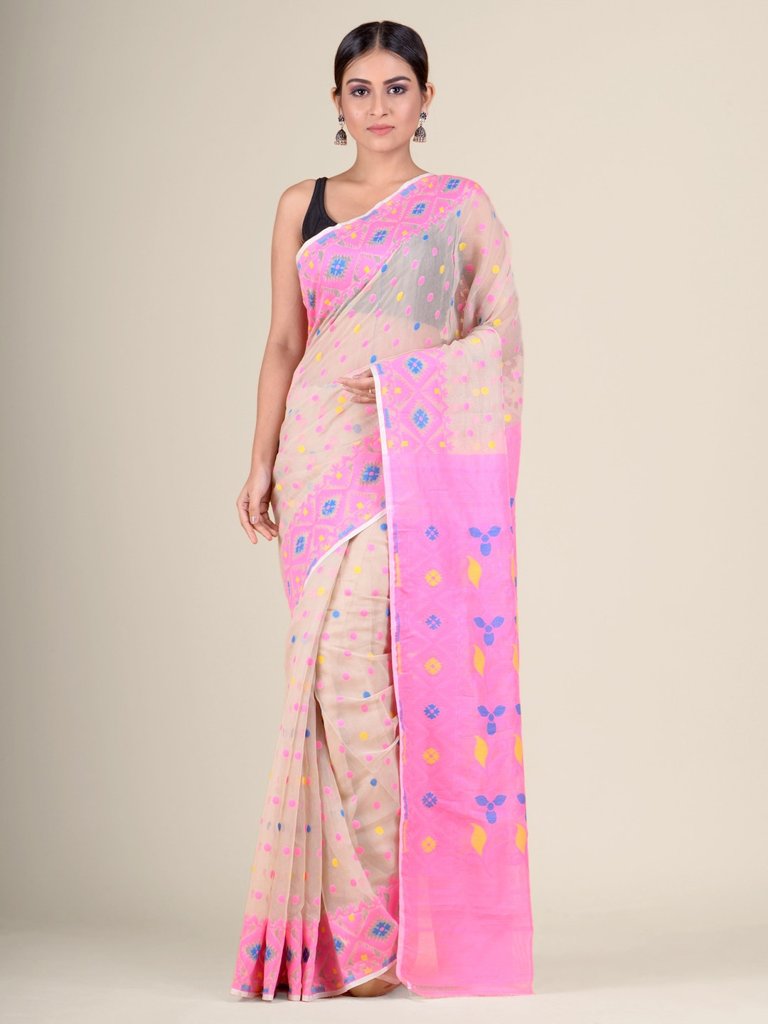 

Charukriti White & Pink Floral Jamdani Saree