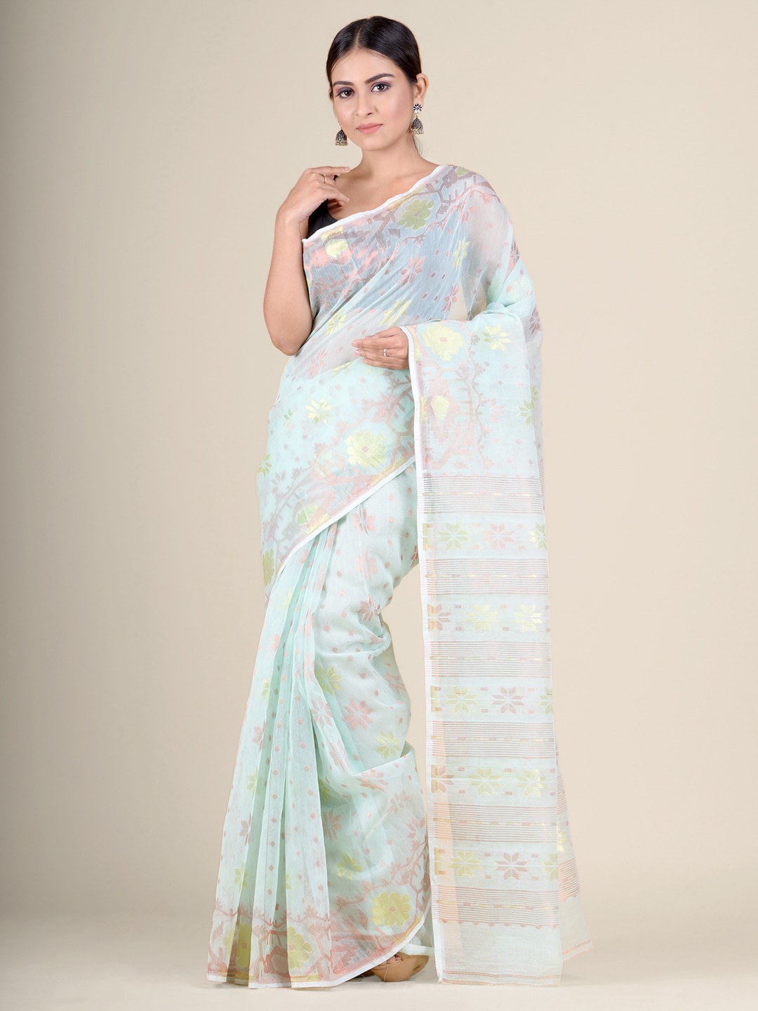 

Charukriti Blue & Gold-Toned Woven Design Jamdani Saree