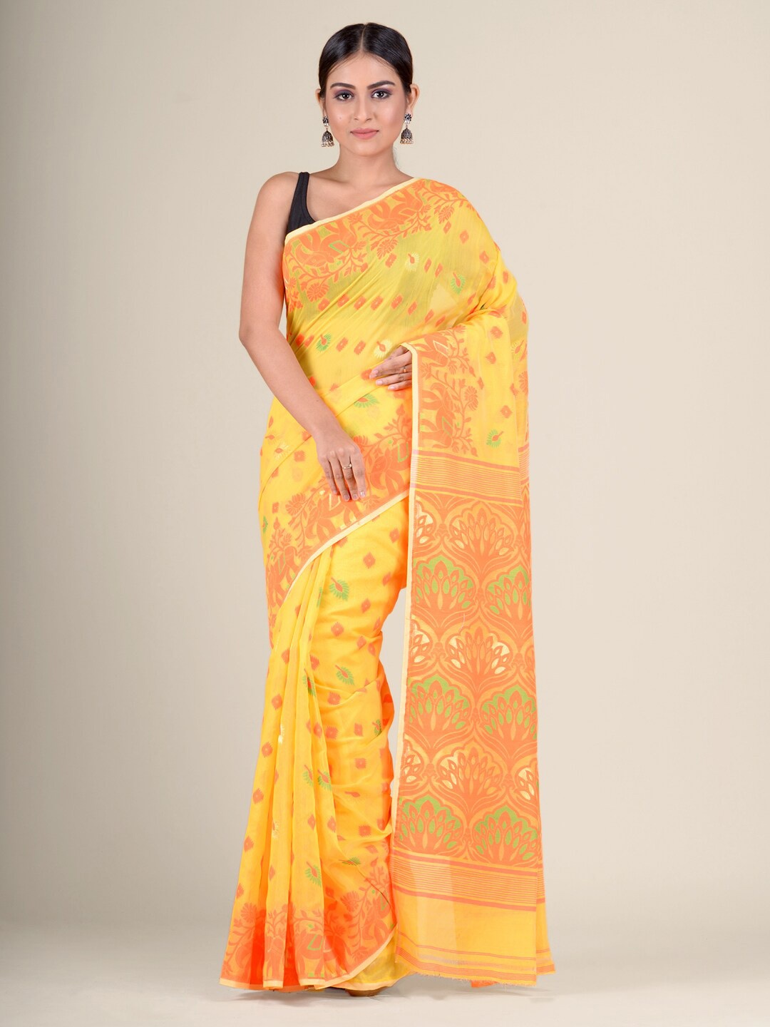 

Charukriti Orange & Yellow Woven Design Jamdani Saree