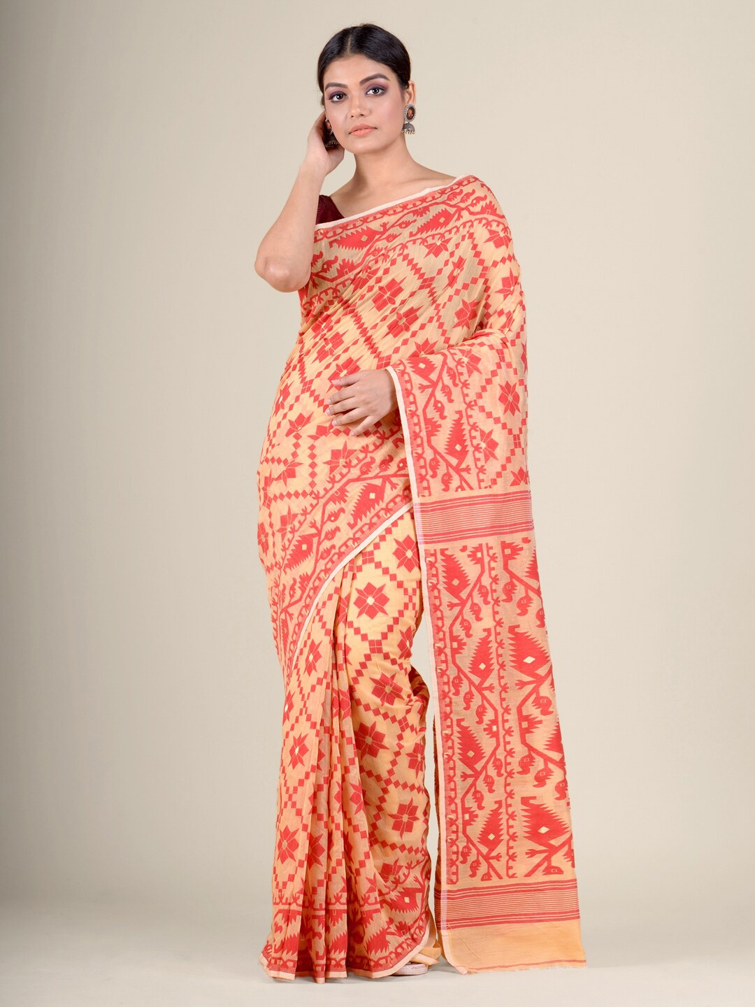 

Charukriti Yellow & Pink Woven Design Jamdani Saree