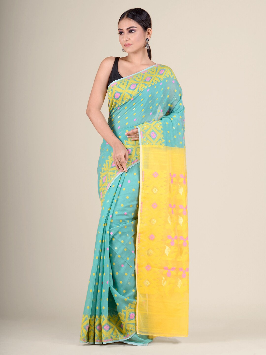 

Charukriti Blue & Yellow Woven Design Jamdani Saree