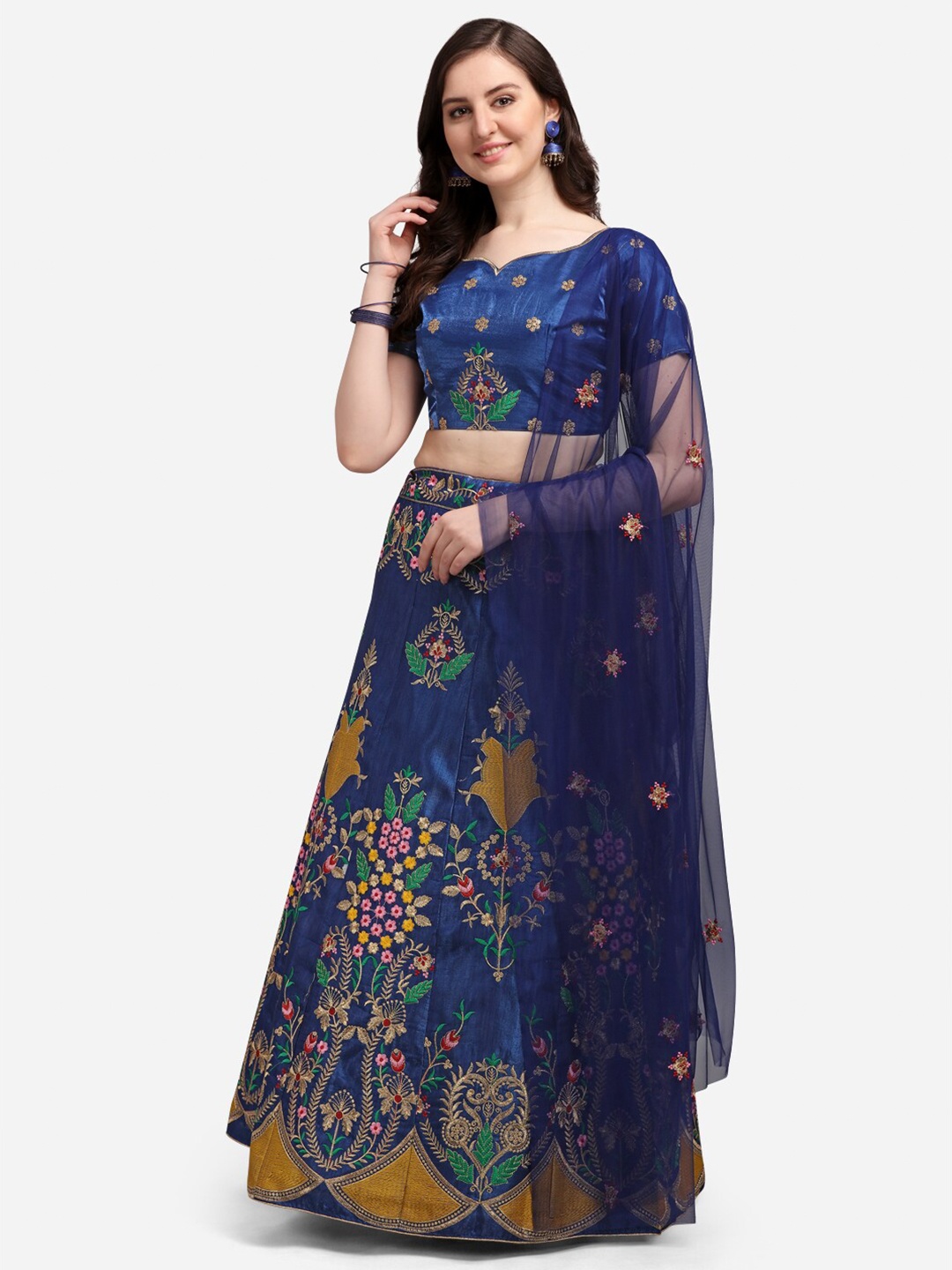

Satrani Blue & Gold-Toned Embroidered Semi-Stitched Lehenga & Unstitched Blouse With Dupatta