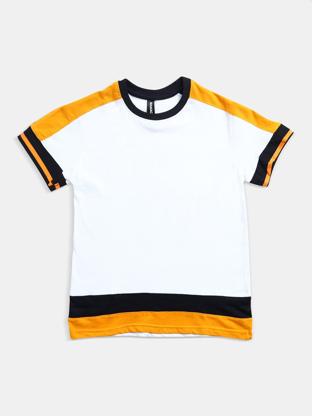 

Maniac Boys White and Yellow Colourblocked Slim Fit T-shirt